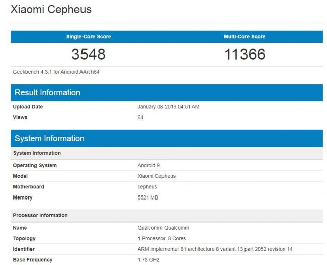 小米仙王座新机现身Geekbench 骁龙855芯片单核跑分达3548分