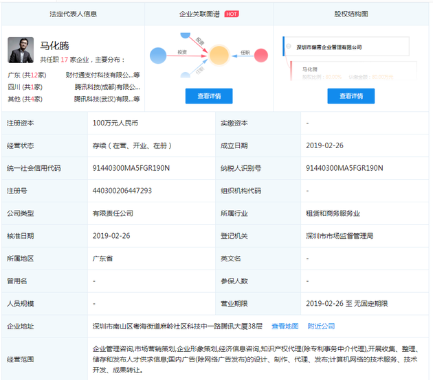 腾讯成立藤青企业管理有限公司，马化腾亲自任总经理