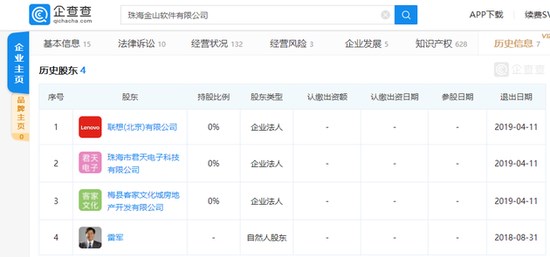 金山软件股东变更：联想等3位股东同日退出