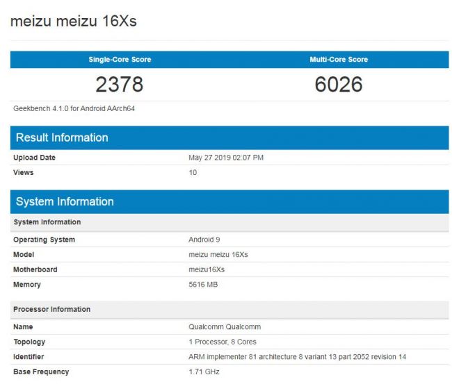 魅族16Xs现身Geekbench 单核2378多核成绩6026分