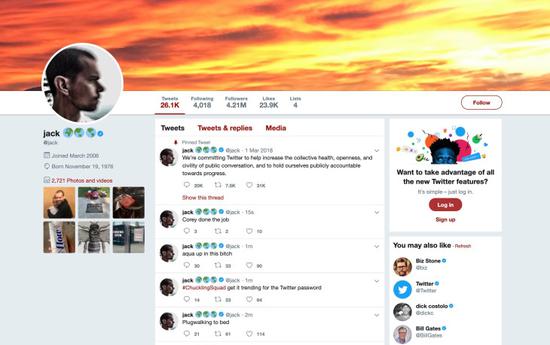 推特CEO多尔西的推特账号被黑客入侵