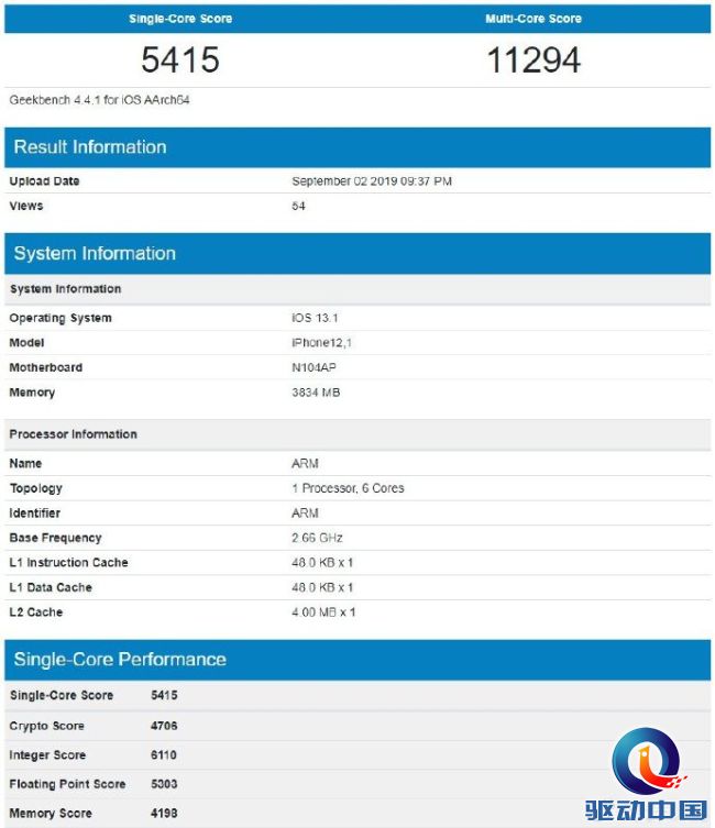 疑苹果A13跑分现身GeekBench，单核跑分5415，多核提升不大