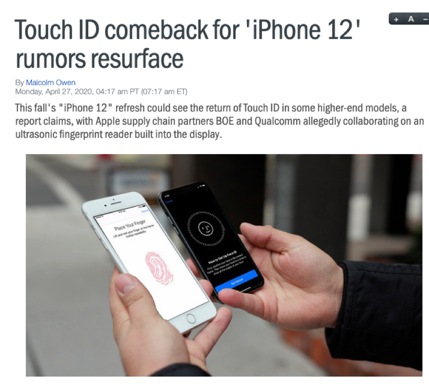 iPhone 12搭载屏下Touch ID，OLED面板来自京东方？