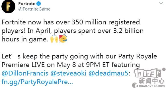 《堡垒之夜》注册人数突破3.5亿 4月游戏时间超32亿小时