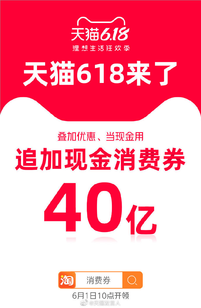 天猫宣布追加40亿元618消费券：6月1日起每天上午10点手机淘宝开抢