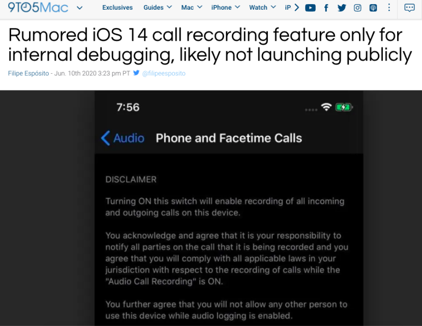 iOS14发布在即，“重视隐私”的苹果要在iPhone中加入“通话录音”了？