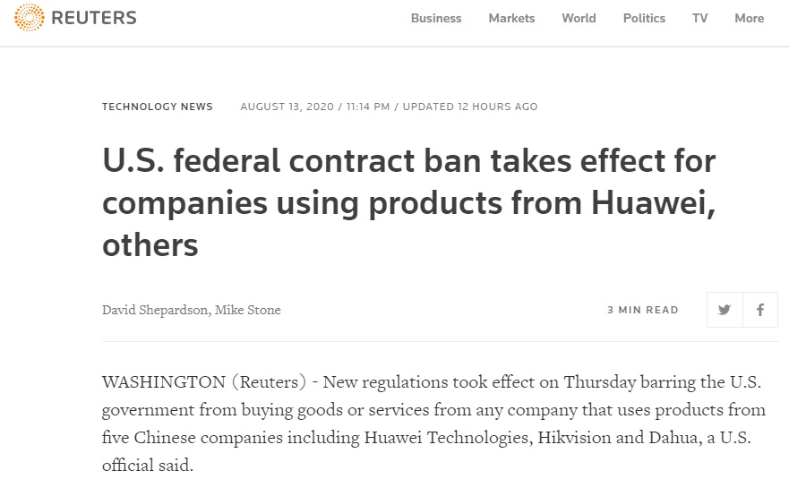 路透：美国禁止政府合同方使用华为等 5 家公司产品
