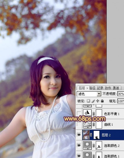 Photoshop将外景美女图片调成绚丽的紫红色