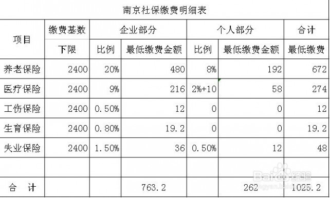 南京社会保障 南京最新最低社保缴费明细表