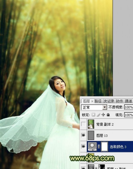 Photoshop将竹林婚片调制出漂亮的古典黄绿色效果