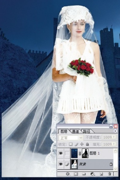 photoshop利用灰色通道完美抠出穿婚纱的模特换背景