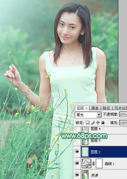 Photoshop调出甜美的清爽淡绿色外景美女