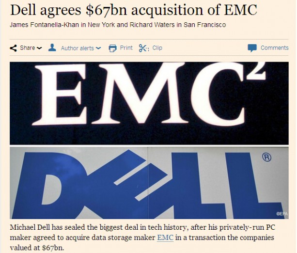 上月戴尔高调宣布将以670亿美元收购EMC