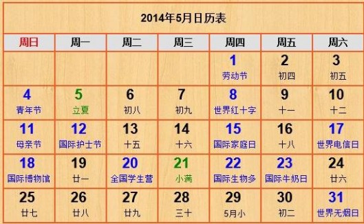  2014年5月份节日表大全