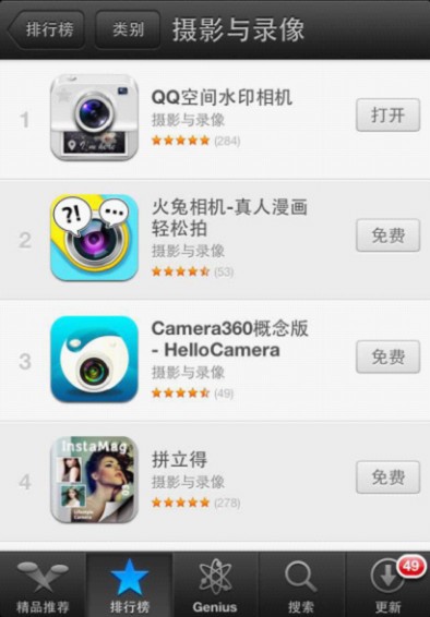 人民日报也说晚安 QQ空间水印相机跃升Appstore排名第一