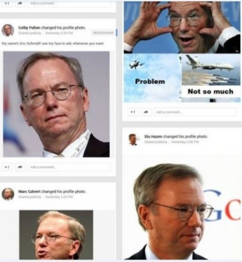 在谷歌宣布可能利用用户Google+个人主页的头像照片做广告外，用户纷纷将自己的头像换成了谷歌执行董事长埃里克-施密特