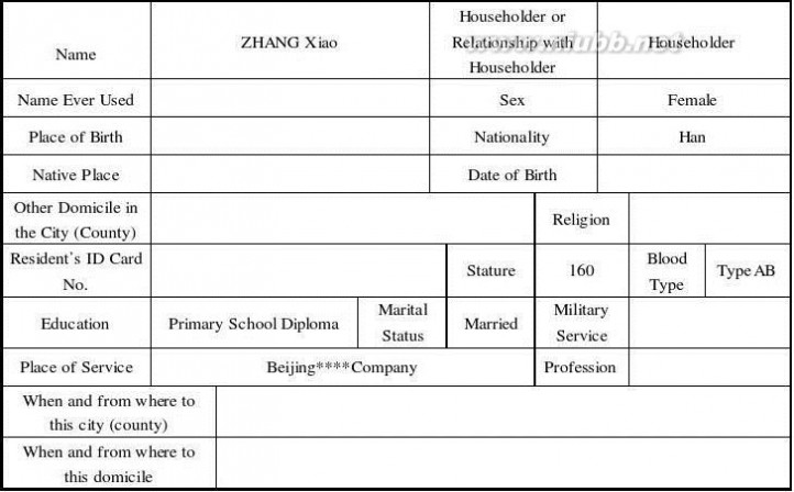 户口本翻译 户口本翻译件标准模板