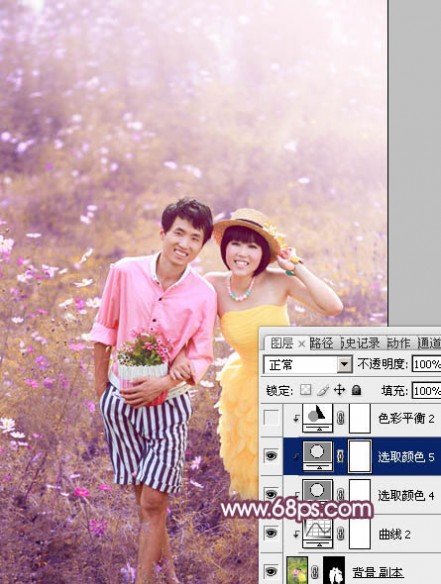 Photoshop为草地情侣调制出朦胧的粉紫色