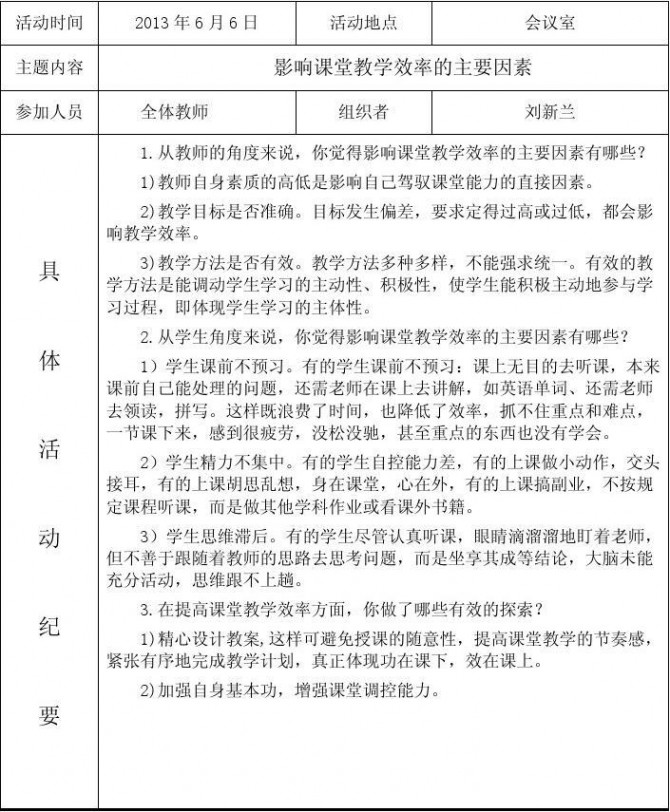 教研活动记录 小 学 校 本 教 研 活 动 记 录