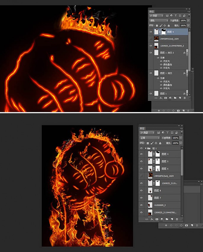 Photoshop利用图层样式与叠加工具制作燃烧的烈焰拳头