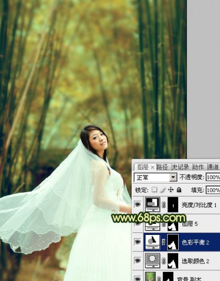 Photoshop将竹林婚片调制出漂亮的古典黄绿色效果