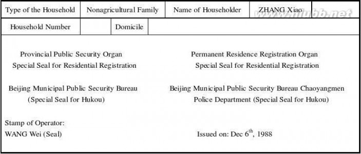 户口本翻译 户口本翻译件标准模板