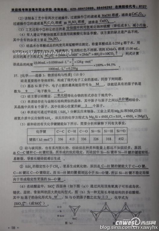 2013陕西省高考理综答案与化学部分试题分析
