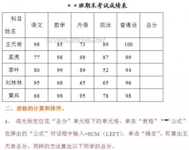 成绩表格 在Word中制作成绩表计算与排序