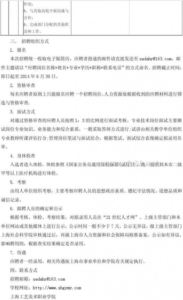 上海市工艺美术学院 2014年上海工艺美术职业学院工作人员公开招聘公告
