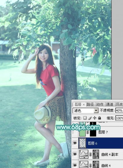 Photoshop为树荫下的美女图片加上清爽的青绿色