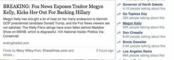Facebook Trending转发的假消息：“福克斯新闻主播Megyn Kelly因支持希拉里而被辞退”