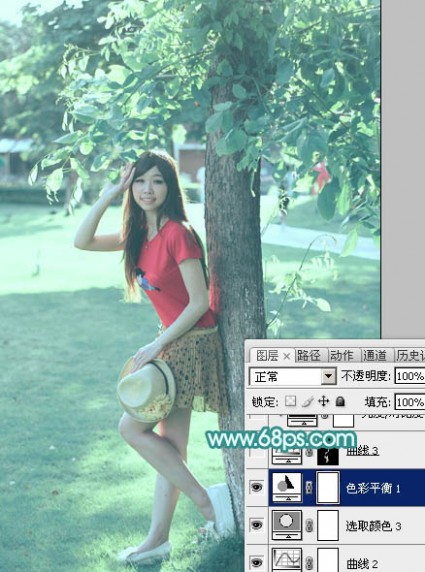 Photoshop为树荫下的美女图片加上清爽的青绿色