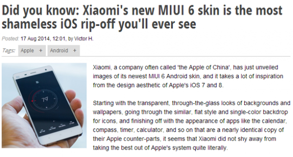 外媒：小米MIUI 6是对苹果iOS最无耻的抄袭