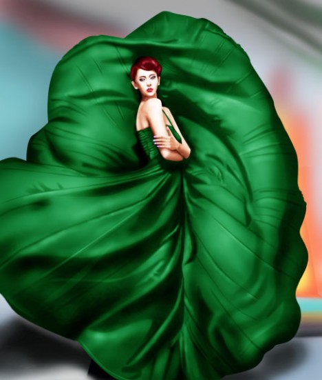 photoshop 鼠绘身着飘逸绿裙的美女