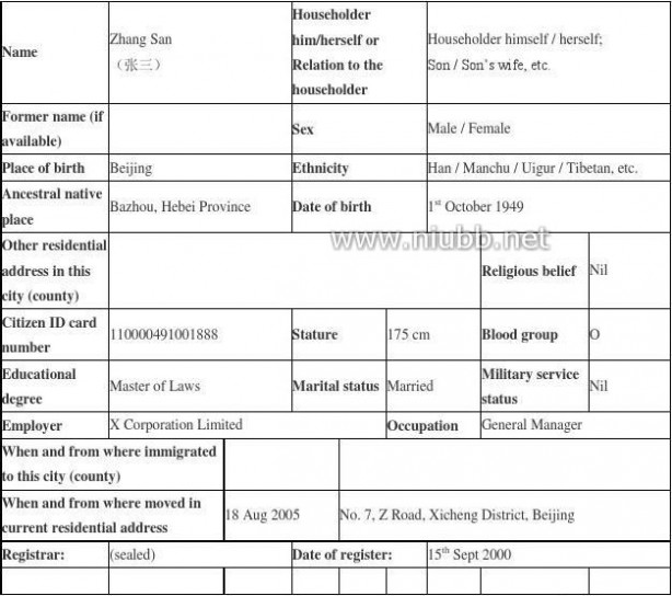 户口本翻译模板 户口本翻译模板