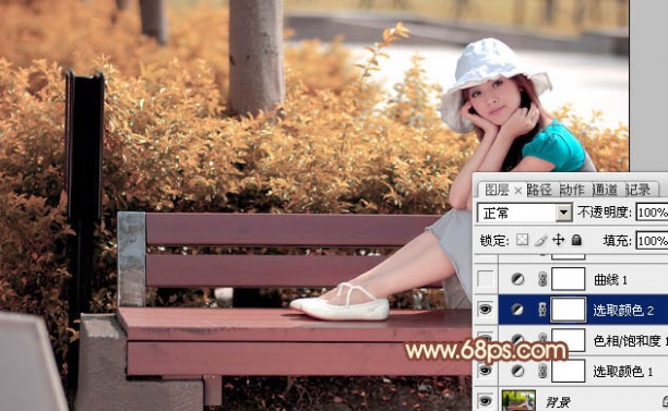 教你如何用Photoshop给长凳上的美女加上柔美的红褐色