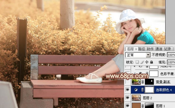 教你如何用Photoshop给长凳上的美女加上柔美的红褐色