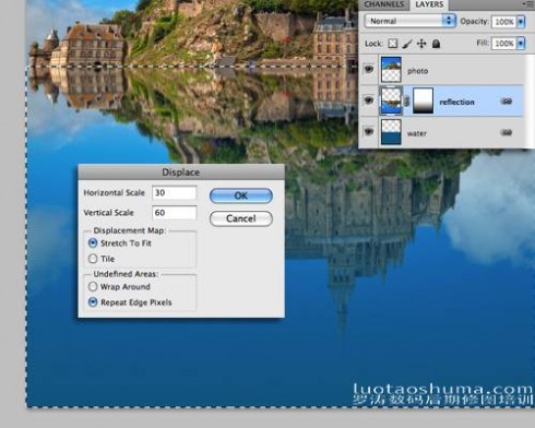Photoshop将建筑物图片制作出水波倒影效果