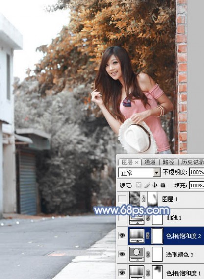 Photoshop为乡路边的美女加上柔美的中性暖色效果