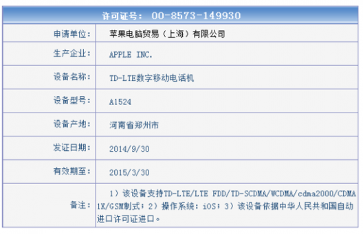 iPhone6入网许可 iPhone6大陆上市时间 电信运营商