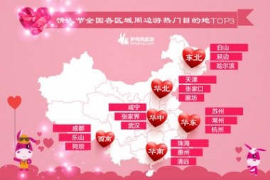 情人节全国各区域周边游热门目的地TOP 3