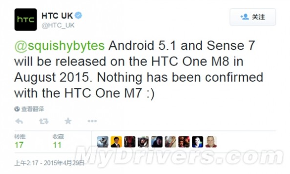 HTC：One M8 8月将升级安卓5.1 