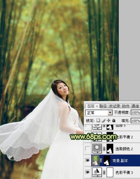 Photoshop将竹林婚片调制出漂亮的古典黄绿色效果