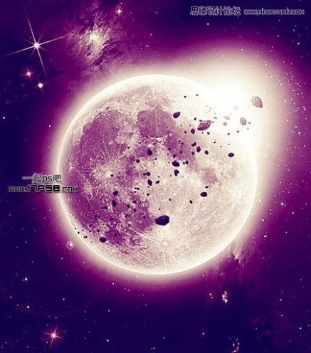Photoshop设计制作紫色星球陨石围绕地球飞行壁纸