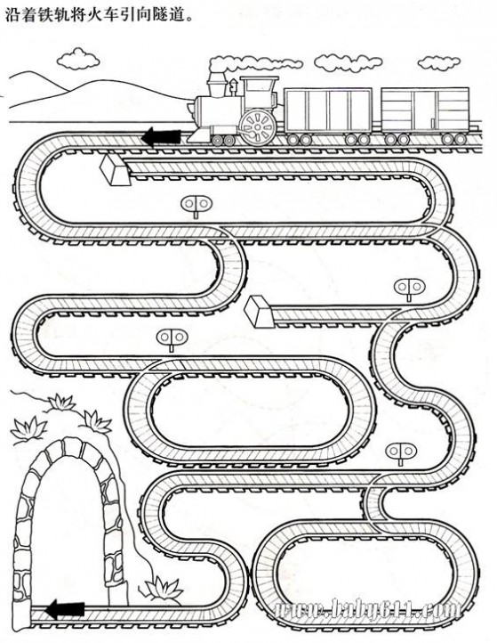 儿童迷宫图 沿着铁轨将火车引向隧道